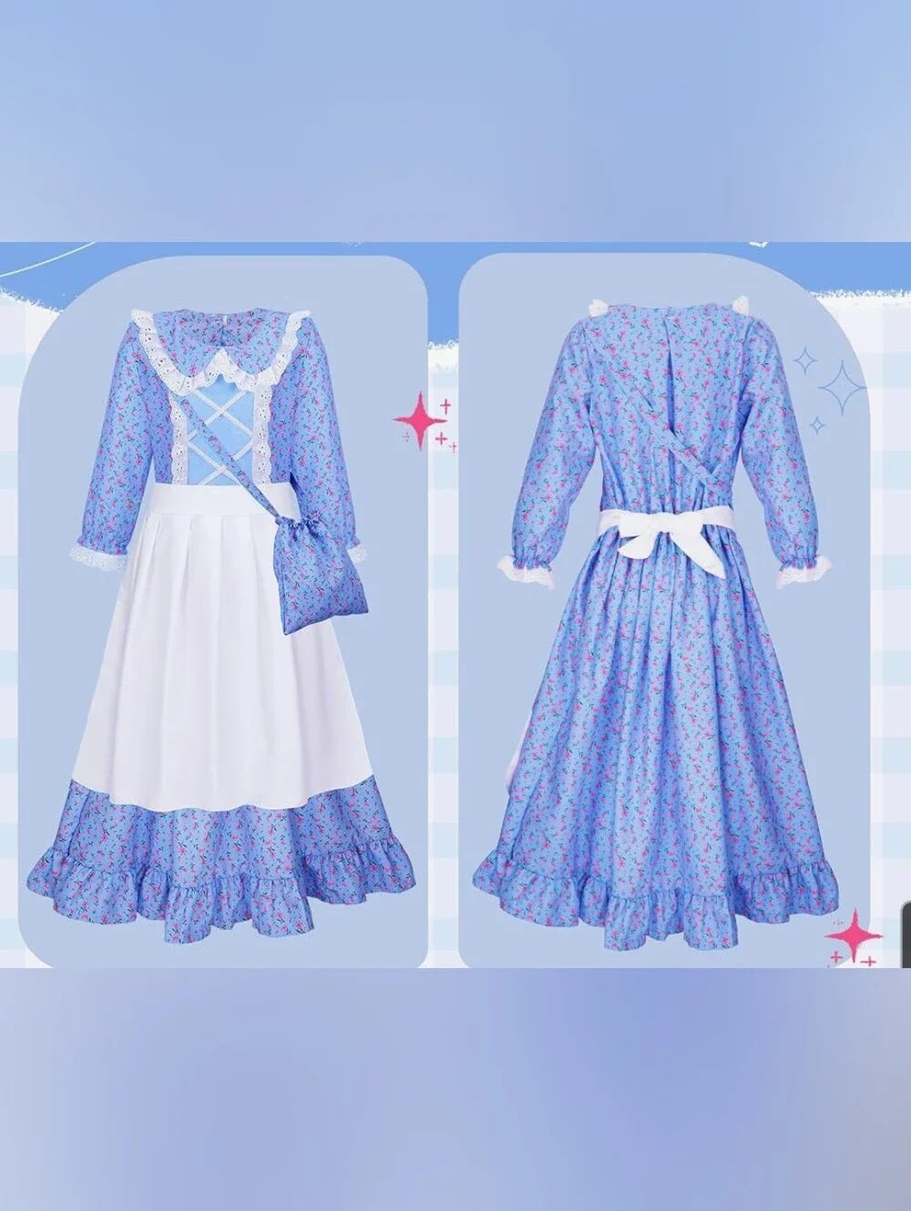 Classic Blue Prairie/ Pioneer Girl Costume with Apron and Bonnet 8-10 Year Olds